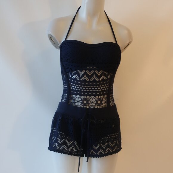 Womens Robin Piccone Navy Crochet 2Pc Set Cover-Up Short/M One Piece Swimsuit/8* - Picture 7 of 13